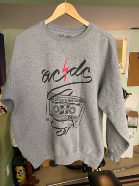 AC/DC Gray Crewneck Sweatshirt with Black Cassette Graphic and Red Lightning
